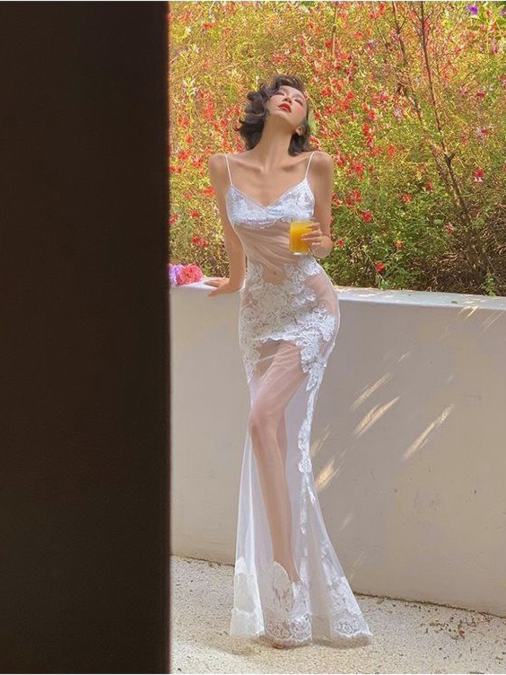 Sheer White Lace Slip Gown with Spaghetti Straps